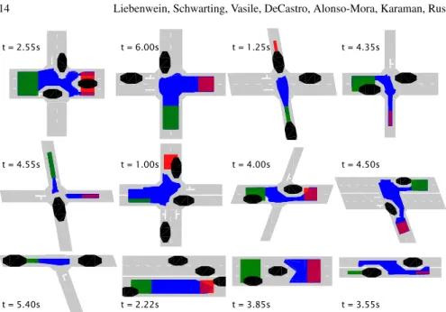 Fig. 7 A selection of verified road models, comprised of various intersections and straight roads, is shown together with the reachable set (blue) and other traffic participants (black) at the indicated timestep