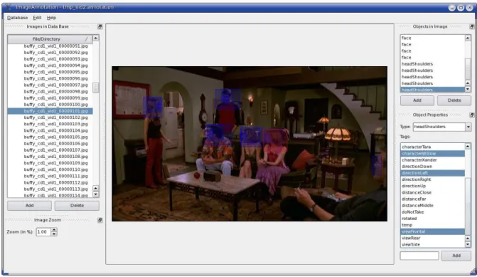Figure 3.4: A snapshot of the main window of our annotation tool with multiple annotated people in one image; the resolution of the annotation image showed in the application is 720 × 404 pixel.