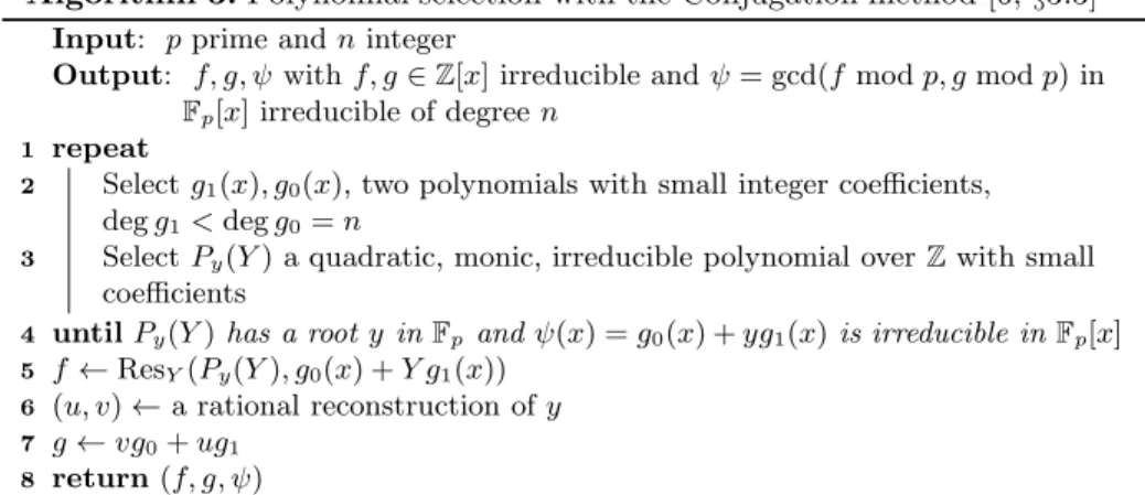 Table 1. Properties: degree and coefficient size of the three polynomial selection meth- meth-ods for NFS-DL in F p n 