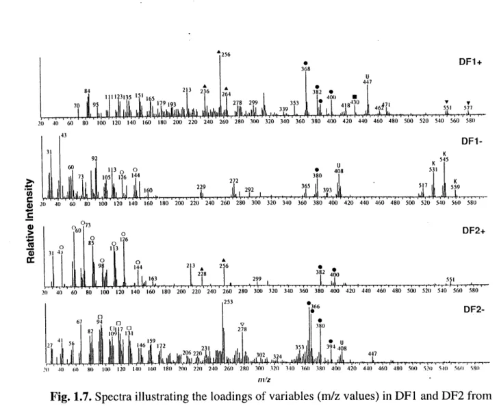Fig.  1.7.  Spectra  illustrating  the  loadings  of variables  (m/z  values)  in DF1  and  DF2 from Fig