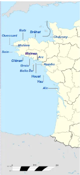 Figure 1. Îles du littoral breton et Pertuis  charentais. 