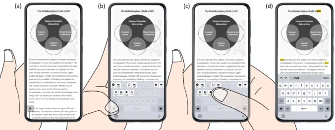 Figure 1: Web browsing scenario of soft keyboard shortcuts using Once method. (a) a semi-transparent modifier key is available in the browser, (b) when user taps it, all available shortcuts will be presented to facilitate browsing, (c) user then taps on th