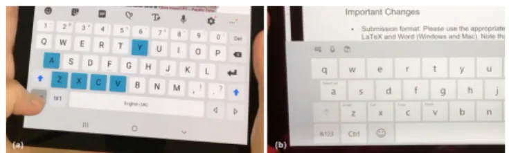 Figure 2: Existing Implementations of Soft Keyboard Hotkeys on (a) Samsung Galaxy S, with the hotkeys  high-lighted in blue once the user presses the Ctrl key, (b)  Mi-crosoft Surface, with the name of the commands associated with hotkeys displayed after t