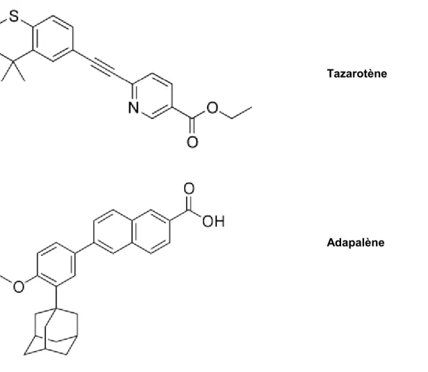 Figure 11 : Structures chimiques du tazarot n e et de l’adapal n e  d’apr  s pub  hem  N  BI  et DrugBank