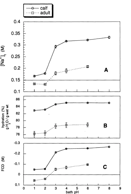 FIGURE  6  A)  Intratissue  sodium  concentration,  B)  hydration,  and  C)  FCD (calculated  from  sodium  data  and  ideal  Donnan  theory)  for  calf  (n  =  6)  and  adult (n =  2)  AC  samples  sequentially  equilibrated  in 0.15  M  NaCI  of  varying