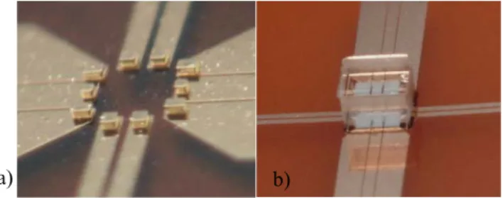 Fig. 9.  a) Photo of the gold bumps patterned on the kapton surface; b) photo  of the dummy chip mounted by a flip-chip process on the kapton surface     