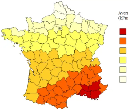 Figure 1: Map of  France showing the average annually erythemal daily dose (kJ/m²) according to 