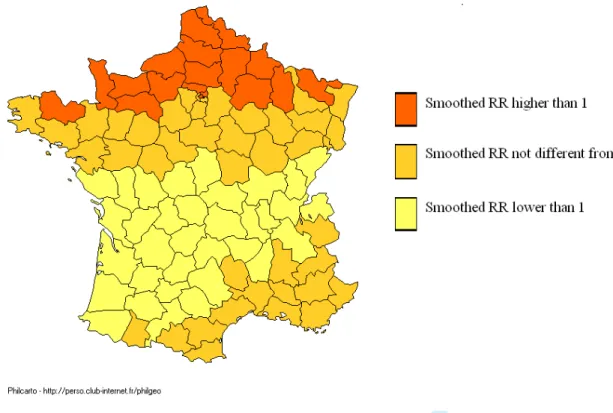 Figure 2: Map of France showing age and sex adjusted CD smoothed Relative Risk (RR) obtained  with the Bayesian model, taking into account the average annually erythemal daily dose  