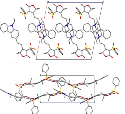 Figure  9.  Crystal  packing  of  2j  viewed  along  a  crystallographic  showing  the  ladder-like  pattern  resulting from the repetition of head-to-tail molecules (top) and along b crystallographic axis showing  the  inclination  of  the  molecules  and