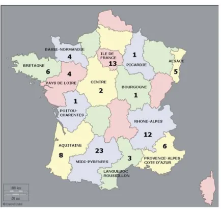 Figure 3 : Carte de la répartition par région des sages-femmes libérales de l’enquête