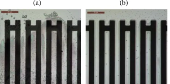 Fig. 12. Optical images of the Pt electrodes (a) on a LN-Y128 substrate and (b)  on an LGS substrate after measurement up to 600°C