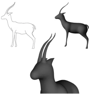 Figure 10: Different views of the 3D reconstruction of the gazelle sketched in the top-left.