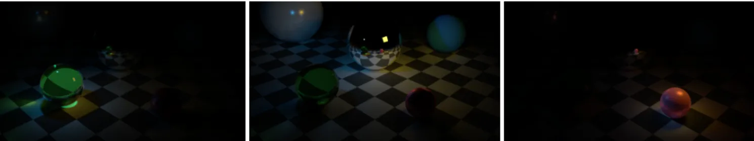 Figure 3: Scattered layers associated with the front three spheres of Figure 1. In our approach, scattered layers are computed as I − B and contain the radiance impact of an object on the scene