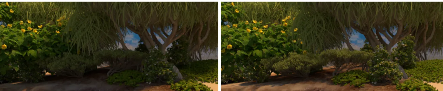 Figure 7: Left: the hibiscus (left) and pandanus (top) occlude most of the light coming from the sun, in the top right corner