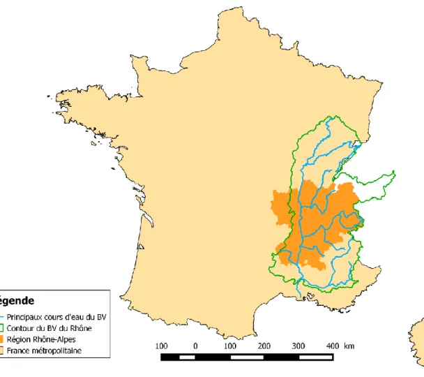 Figure 4 : Carte du bassin versant du Rhône modélisé dans J2000-Rhône, et de la région Rhône-Alpes 