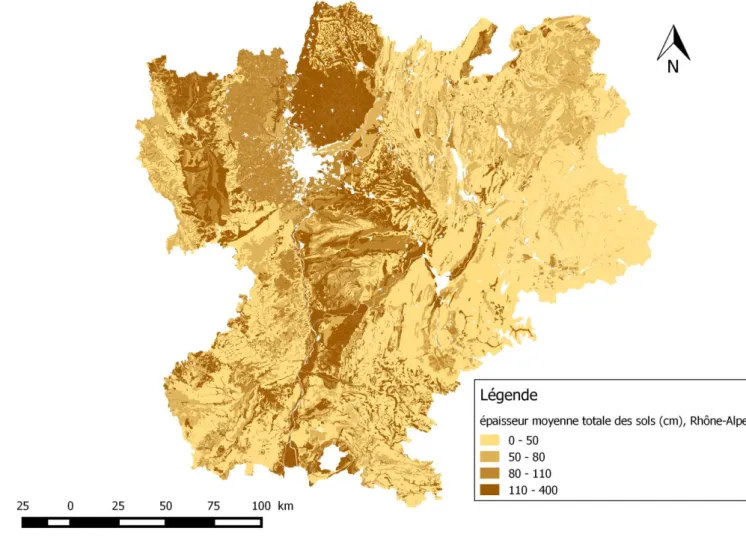 Figure 8 : épaisseur moyenne totale des sols, Rhône-Alpes 