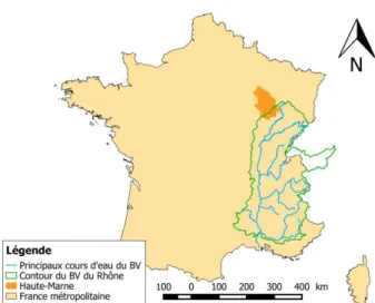 Figure 10 : Carte du BV du Rhône modélisé dans J2000, et de  la Haute-Marne 