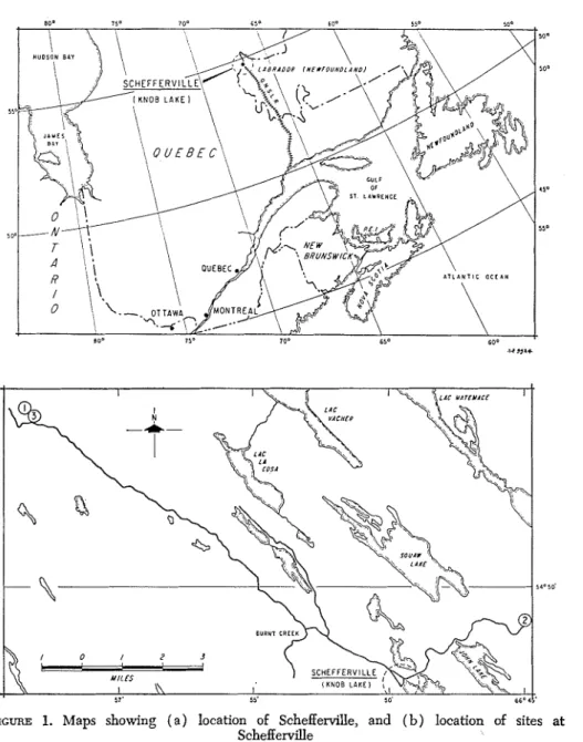 FIGURE  1.  Maps  showing  ( a )   location  of  Schefferville,  and  ( b )   location  of  sites  at  Schefferville 