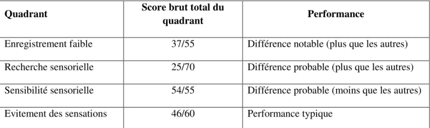 Tableau 1 : Scores bruts totaux et performances par quadrant pour P. 