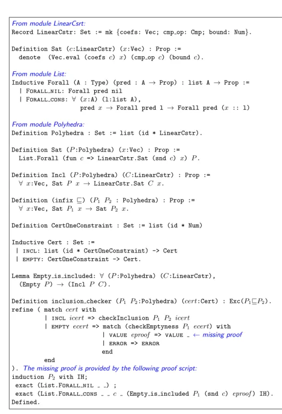 Figure 1: Excerpts of our Coq -certified inclusion checker