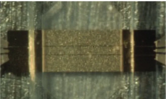 Fig. 2.  Microphotograph of the microfabricated device dedicated to the  microwave dielectric spectroscopy of biological cells suspensions, loaded  with a cells suspension 