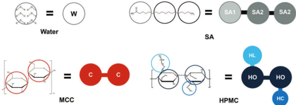 Fig. 2 – “Coarse-grain” method; molecules and monomer conversion into beads for water (W), stearic acid (SA), microcrystalline cellulose (MCC) and hydroxypropyl-methylcellulose (HPMC).