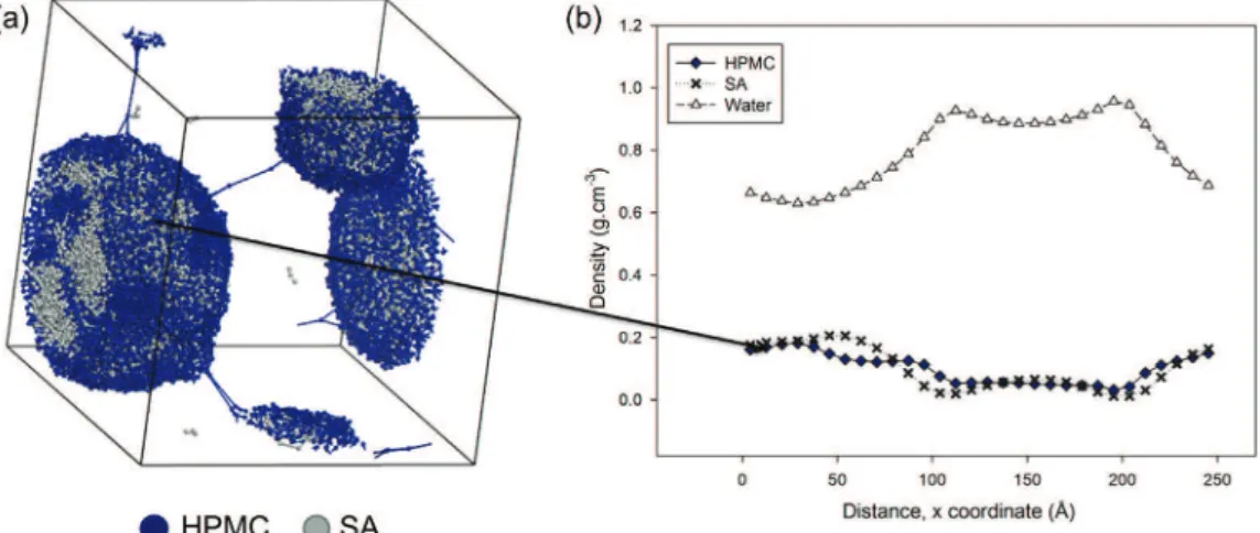 Fig. 3 – DPD simulation of HPMC (hydroxypropyl-methylcellulose, 10%(w/w))–SA (stearic acid, in light grey, 10% (w/w)) mixture in water (transparent, 80% (w/w))