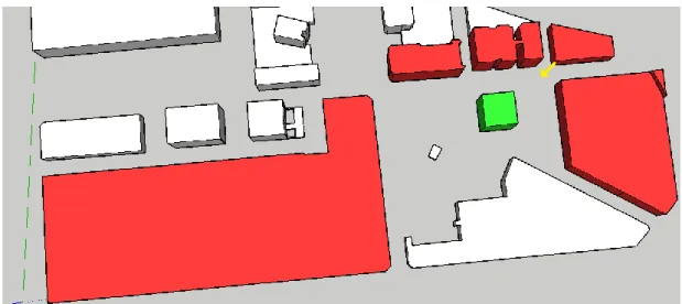 Figure 1. 3D Map of the area, with the new building in green and impacted buildings in red