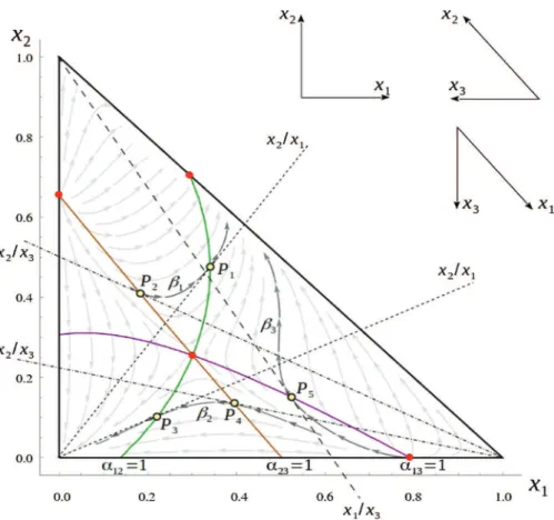 Fig. 3. Relationship between univolatility curves and residue curves for the mixture acetone (1) – chloroform (2) – methanol (3).
