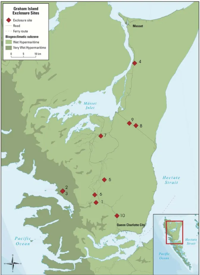Figure 1. Location of study sites on Graham Island, Haida Gwaii  Map produced by Martin Danyluk Source: BC Ministry of Forests and Range 