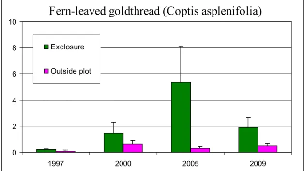 Figure 7. Changes in average percent cover of fern-leaved goldthread over time 