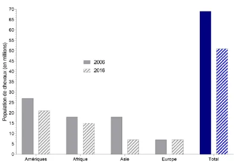 Figure 1 : Evolution de la population des équidés par continent entre 2006  et 2016. Nombre d’équidés recensés par continents d’après les données de 