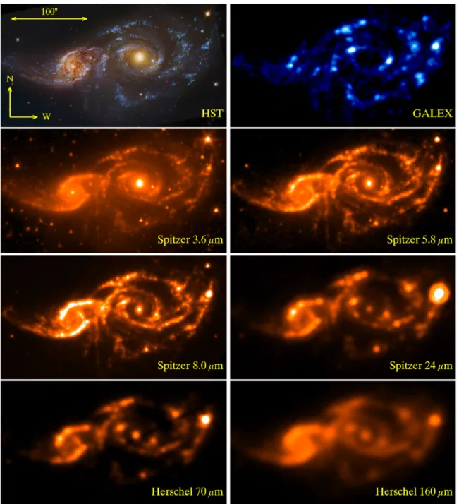 Figure 1. Montage of images of NGC 2207/IC 2163 taken with HST (WFPC2 camera using filters F336W, F439W, F555W, and F814W; Elmegreen et al