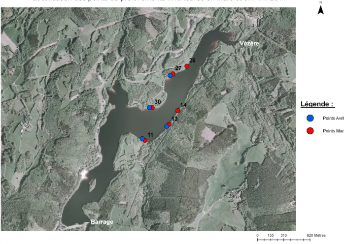 Figure  6  :  Localisation  des  zones  d’échantillonnage  en  mars  et  en  avril.  Les  numéros  correspondent  aux  zones  de  pêche  électrique