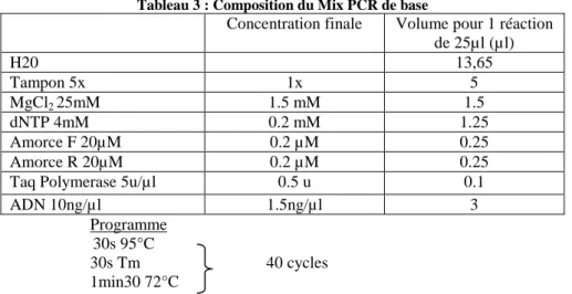 Tableau 3 : Composition du Mix PCR de base