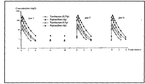 Figure 7 : Concentrations plasmatiques moyennes de pipéracilline et tazobactam.