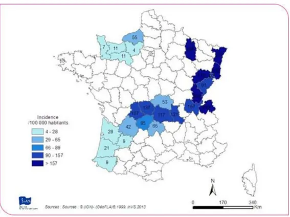 figure 1 : Estimation des incidences départementales ou régionales, France, 2000-2012  (Réseau Sentinelles et Etudes InVS/Cire) 