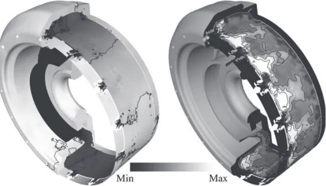 Fig. 11 Flow visualization. Left Pressure field with pressure isocontours. Right Temperature field with temperature isocontours on a cylindrical plane passing through the B i probes