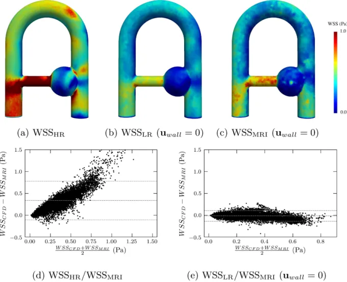 FIGURE 9 Wall Shear Stress maps on boundary walls at peak systole. (a) WSS calculated from the HR CFD velocity field, (b) from the LR CFD velocity field (with zero velocity imposed on boundary walls) and (c) from the PC-MRI velocity field (with zero veloci