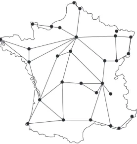 Figure 1: Map of France with an illustration of a connected graph connecting major cities.