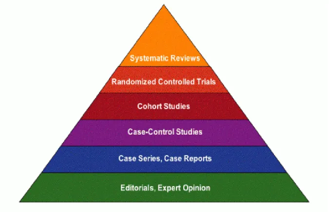Figure 16:  Pyramide du niveau de preuve bibliographique (http://gollum.lib.uic.edu/nursing/node/12) 