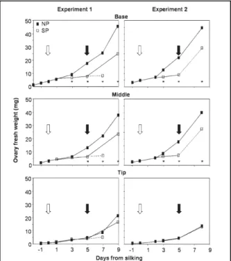Figure 8 : Réponse du nombre de grain par plant (KNP) en  fonction du taux de croissance des soies (ROGR) entre les  parties extrêmes de l’épi (ROGR= taux de croissance des  ovaires apicaux/taux de croissance des ovaires basaux)  déterminé pour la période 