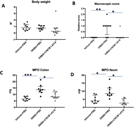 Figure 4. General health parameters in LGI model. Weight loss (A), macroscopic score (B), and colon  and ileum MPO activity (C,D)