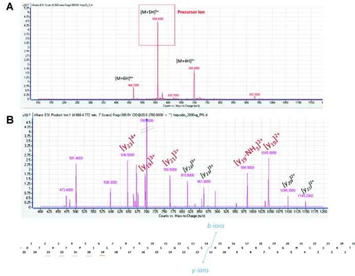 Fig. 1 – (A) Light hepdidin-25 standard chromatograms obtained by nano-HPLC–MS in “full-scan mode” showing quadruply, quintuply and sextuply charged molecular ions