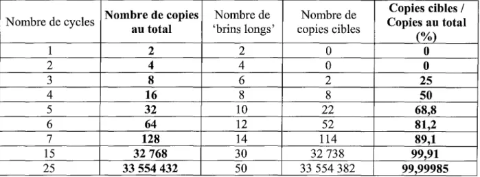 Tableau 1 : Evolution du nombre de copies d'un brin d'ADN au cours d'une opération de peR