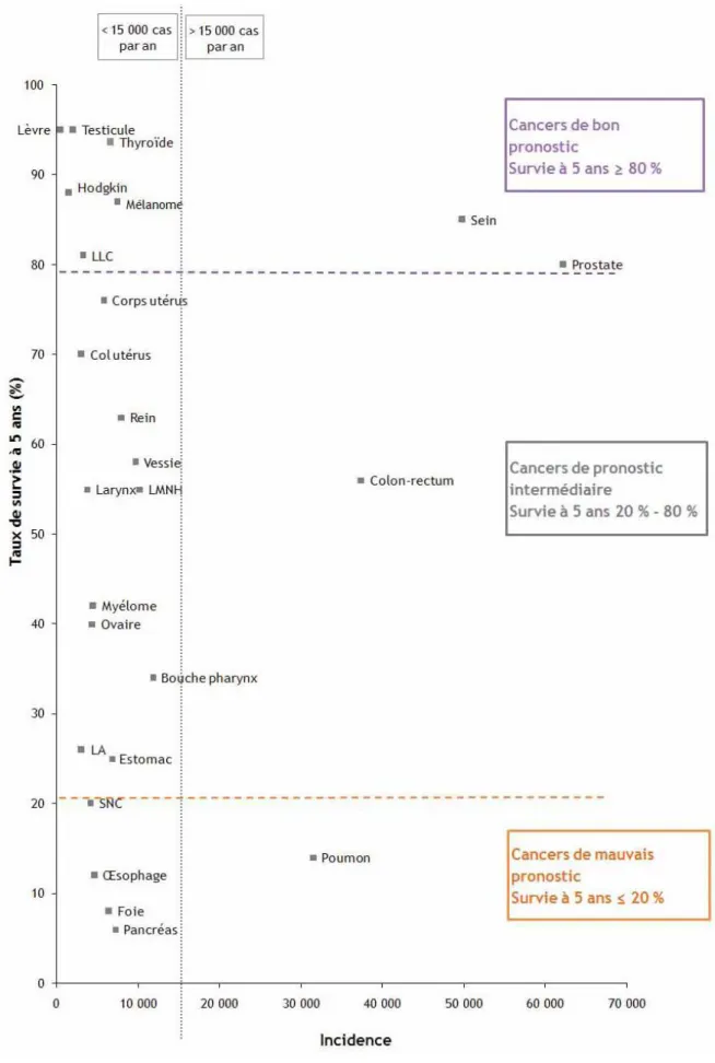 Figure 2 : Survie relative à 5 ans de 25 localisations de cancer en fonction de leur  27  incidence annuelle (données françaises) 