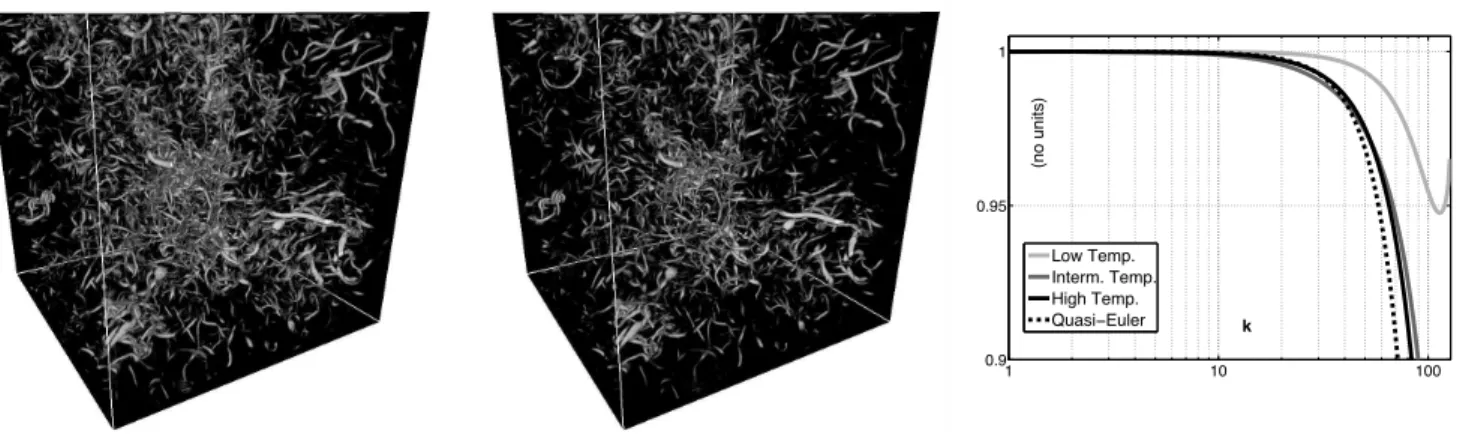 Fig. 1: Left and Center visualisations : local enstrophy (squared vorticity) field of superfluid (left) and normal fluid (center) at intermediate temperature