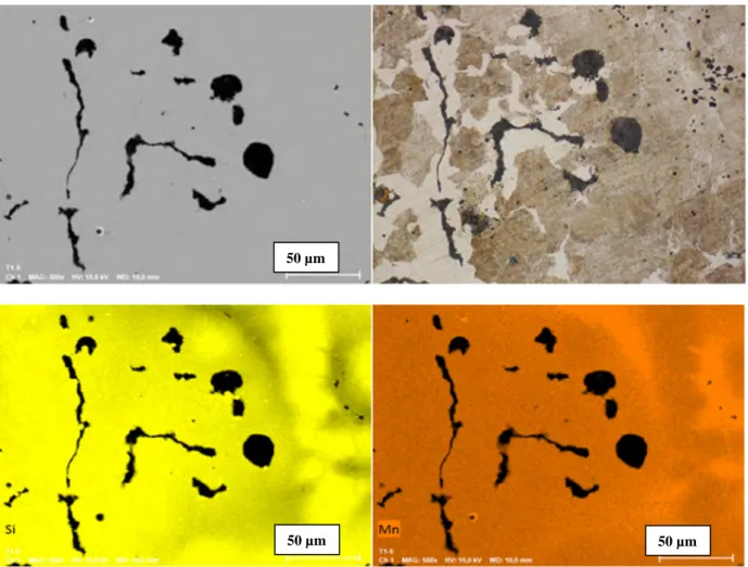 Figure 6 –  SEM micrograph (top  left) of the selected area of the DTA sample cooled at 15°C/min,  light optical micrograph of the same area after Nital etching (top right),  and Si and Mn  EDS maps