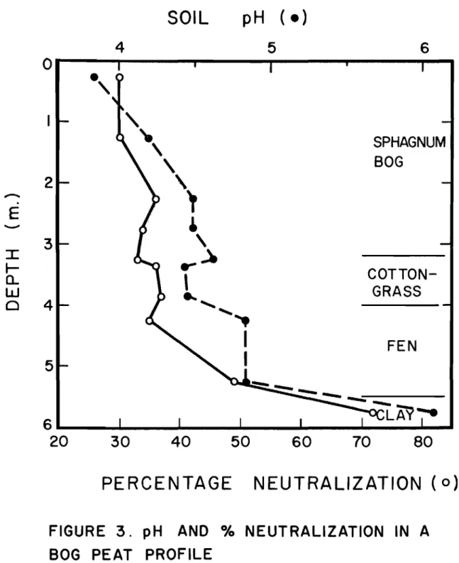 FIGURE 3. pH AND % NEUTRALIZATION IN A BOG PEAT PROFILE