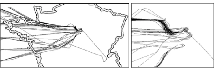 Fig. 9. One day traffic (left), transatlantic selection (right). The thicker  polygon is the outline of France